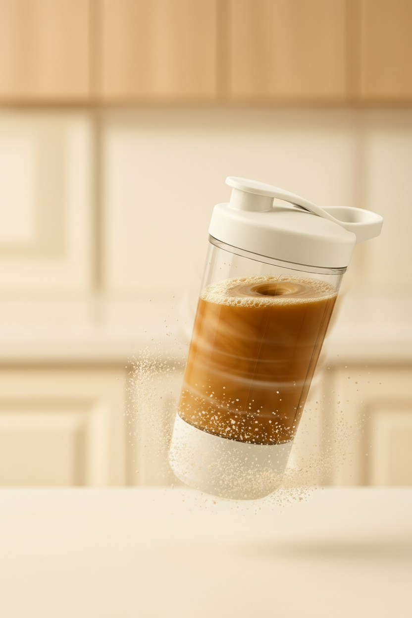 Elektrischer Shaker schwebend mit Pulver in warmer Küche 1210x680